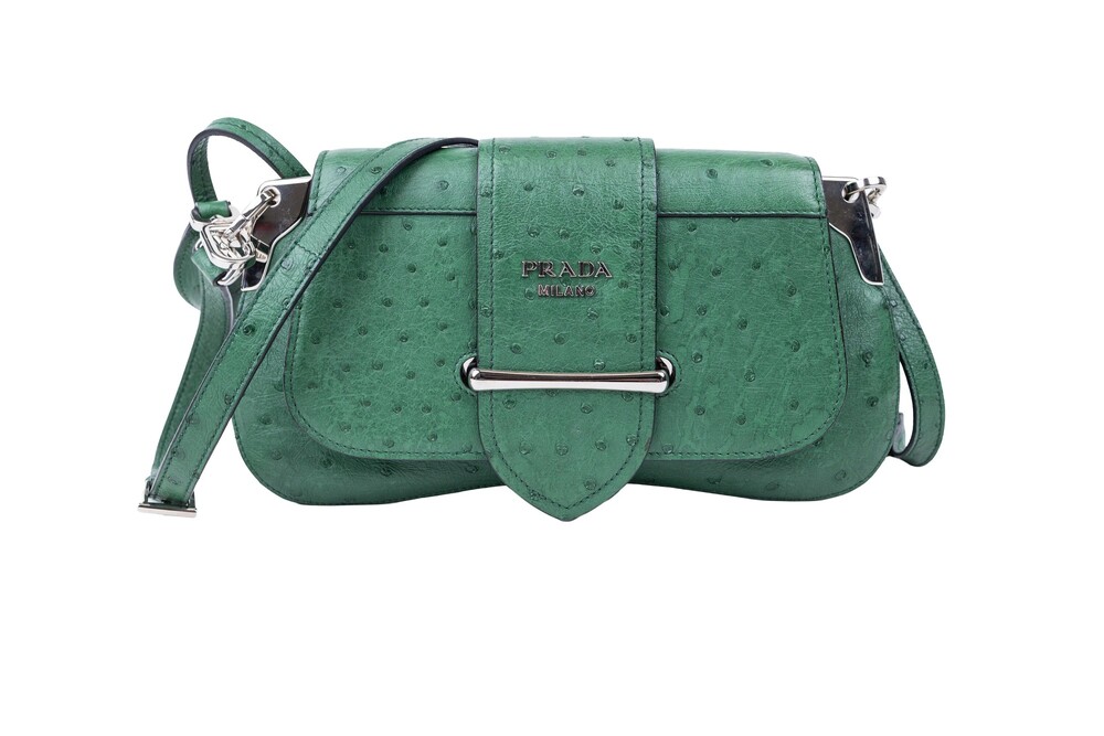 Prada Green Ostrich Leather Shoulder Bag Silver Hardware